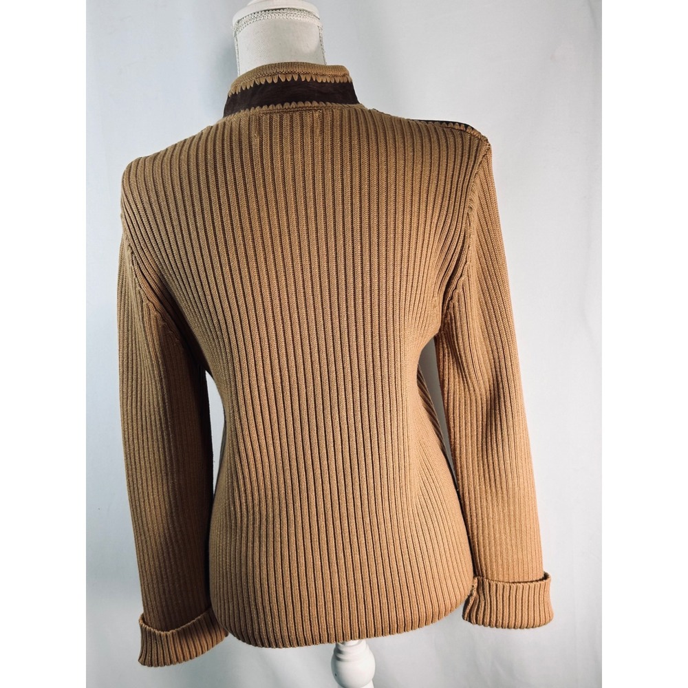 Vintage Lisa Suede Knit Zip Up Cardigan Tan Brown Western Boho Y2K Jacket Large - Picture 9 of 12